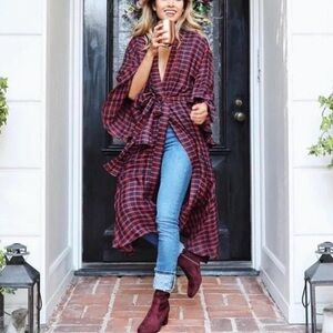 ZARA Navy Blue Red Plaid Ruffle Robe Coat Jacket Duster